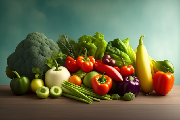 Una imagen de verduras y frutas con un fondo azul.