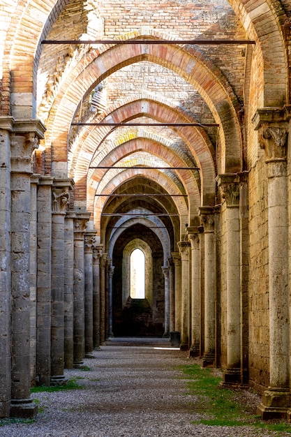 Imagen vertical de la Abadía de San Galgano bajo la luz del sol durante el día en Italia