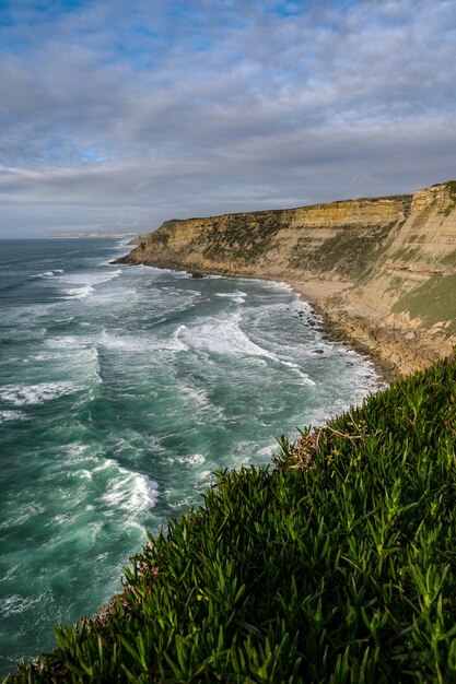 Imagen vertical de un acantilado cubierto de vegetación rodeado por el mar bajo un cielo nublado durante el día