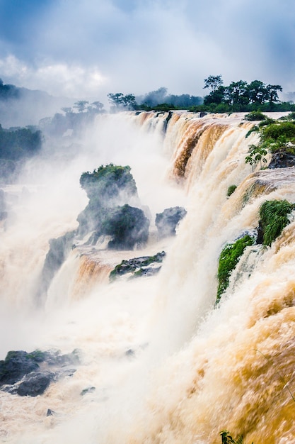 Imagen vertical de una cascada rodeada de vegetación cubierta de niebla bajo un cielo nublado