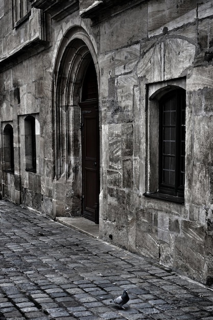 Imagen vertical en escala de grises de un antiguo edificio histórico con una puerta en forma de arco