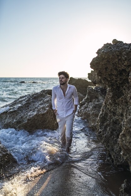 Imagen vertical de un macho morena caminando sobre el agua junto al acantilado