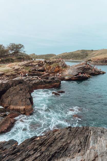 Imagen vertical del mar rodeado de rocas y vegetación en Río de Janeiro en Brasil