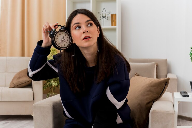 Foto gratuito impresionada joven bastante caucásica sentada en un sillón en la sala de estar diseñada sosteniendo el reloj despertador cerca de la oreja mirando al lado