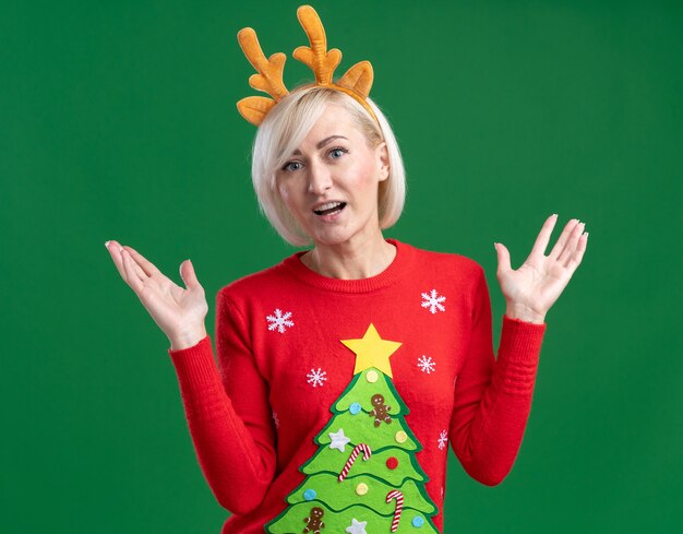 Impresionada mujer rubia de mediana edad con diadema de cuernos de reno de Navidad y suéter de Navidad mostrando las manos vacías aisladas en la pared verde