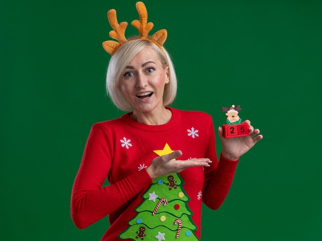 Impresionada mujer rubia de mediana edad con diadema de cuernos de reno de Navidad y suéter de Navidad sosteniendo y apuntando con la mano al juguete de reno de Navidad con fecha mirando aislado en la pared verde