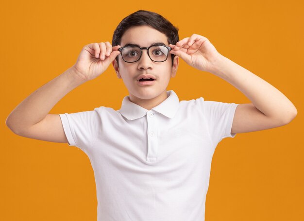 Impresionado joven vistiendo y agarrando gafas mirando directamente aislado en la pared naranja