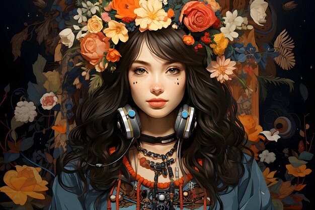 impresionante ilustración de una mujer con auriculares de flor