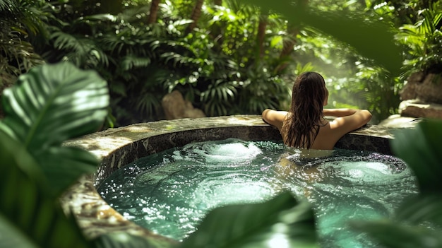 Foto gratuita una impresionante joven recostada en una lujosa piscina spa al aire libre rodeada de exuberante vegetación.