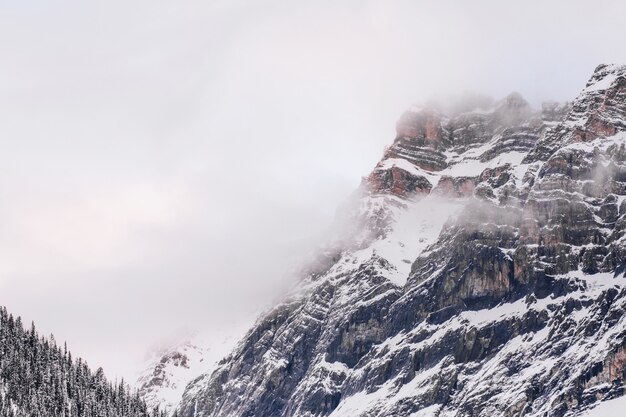 Impresionante paisaje de las montañas nevadas con el cielo gris de fondo