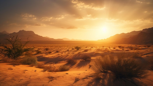 Una impresionante puesta de sol que proyecta tonos dorados sobre la vasta extensión del desierto