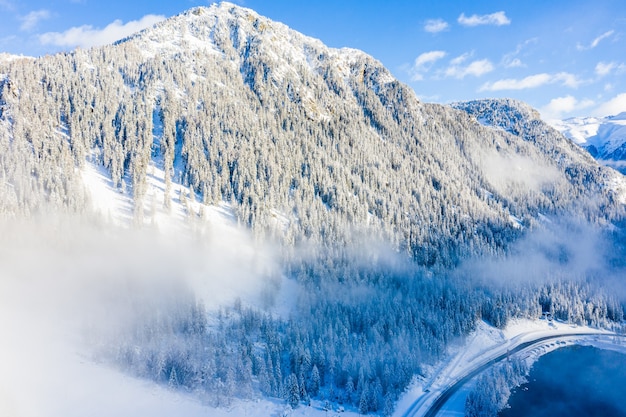 Impresionante vista de las montañas boscosas cubiertas de nieve durante el día