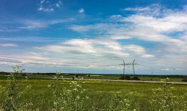 Increíble foto de una hermosa pradera en un fondo de torre de transmisión