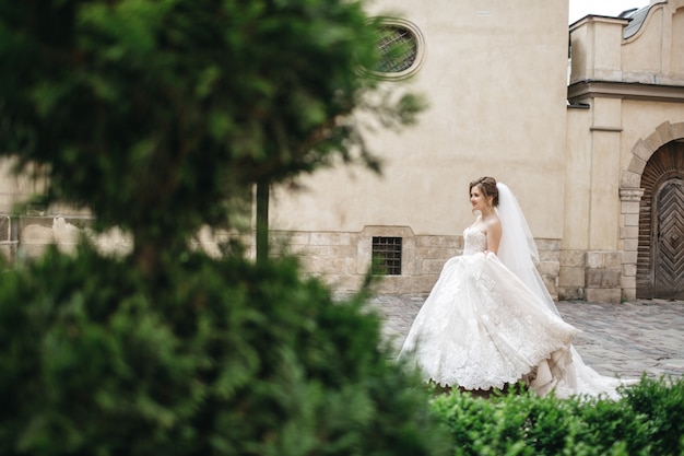 La increíble novia se regocija el día de su boda.