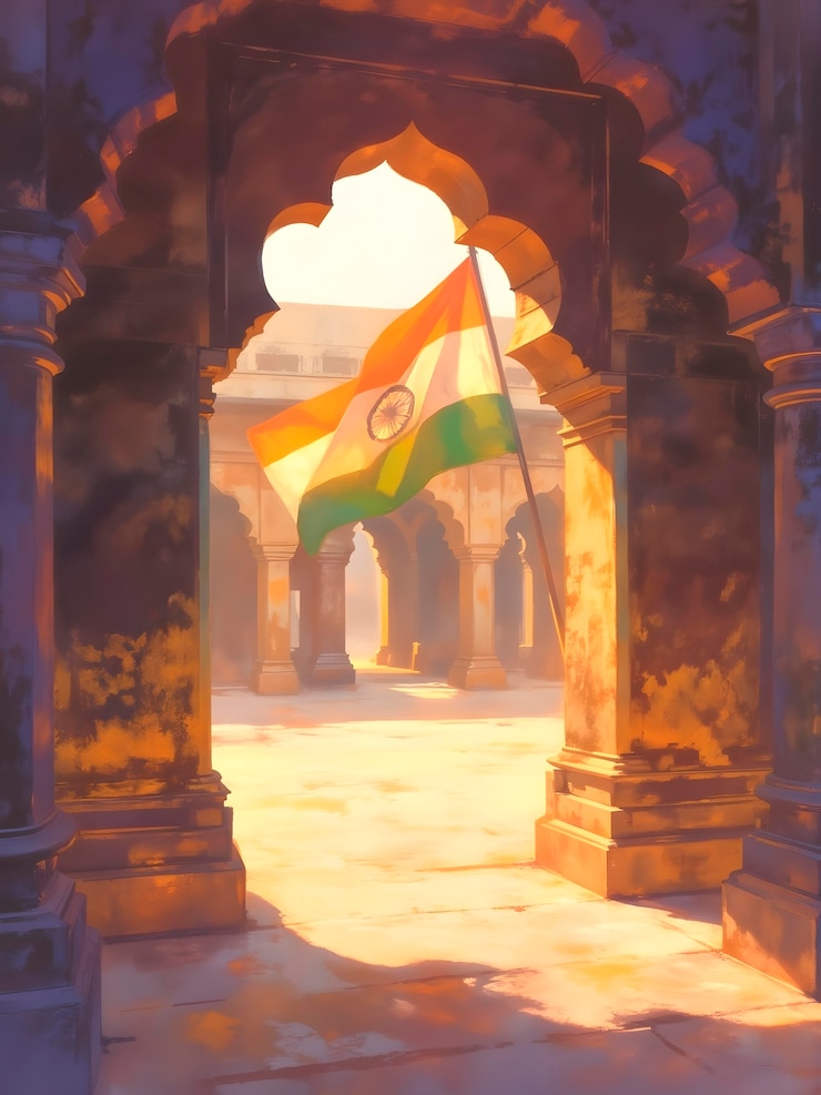 Foto gratuito indian flag waving in an ancient architectural setting