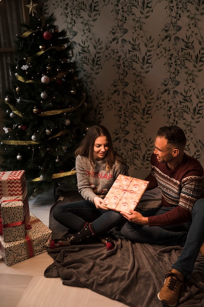 Individuo joven y señora alegre con la caja de regalo que se sienta cerca del árbol de navidad