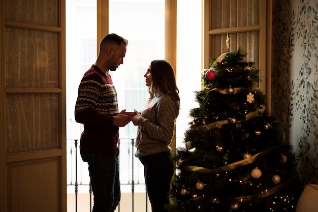 Individuo que presenta el regalo y que mira a la señora cerca de ventana y árbol de Navidad