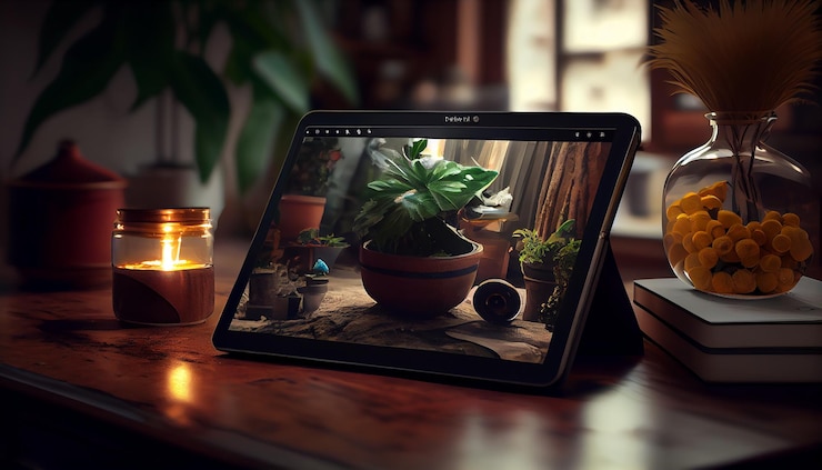 Photo Gratis indoor table with plant vase and lamp generative ai