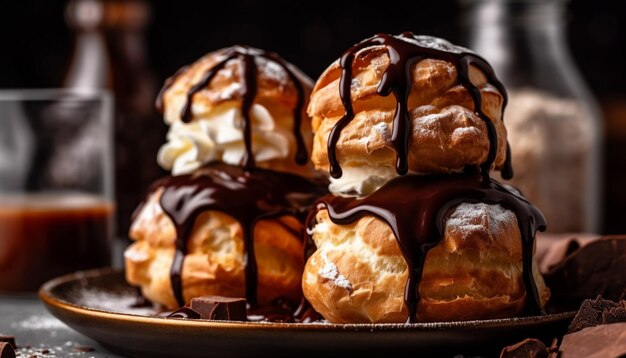 Indulgencia de eclair de salsa de chocolate con crema batida generada por IA