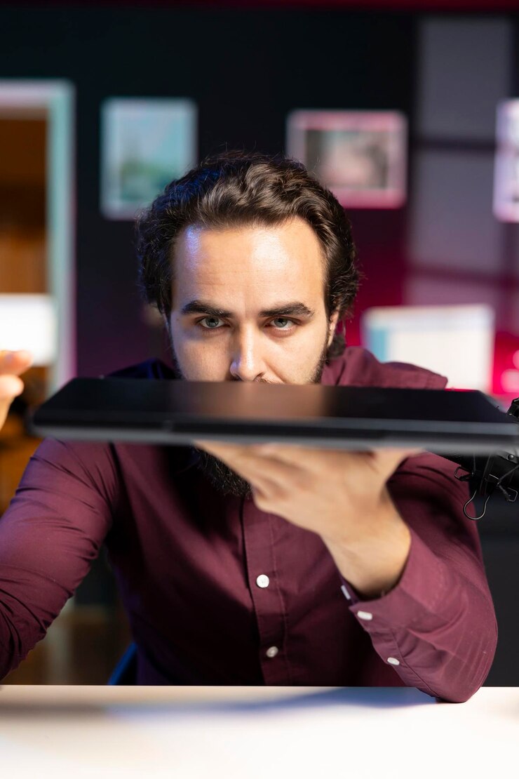 Foto gratuito influencer en películas de estudio en casa revisión de video de portátil elegante para entusiastas de la tecnología