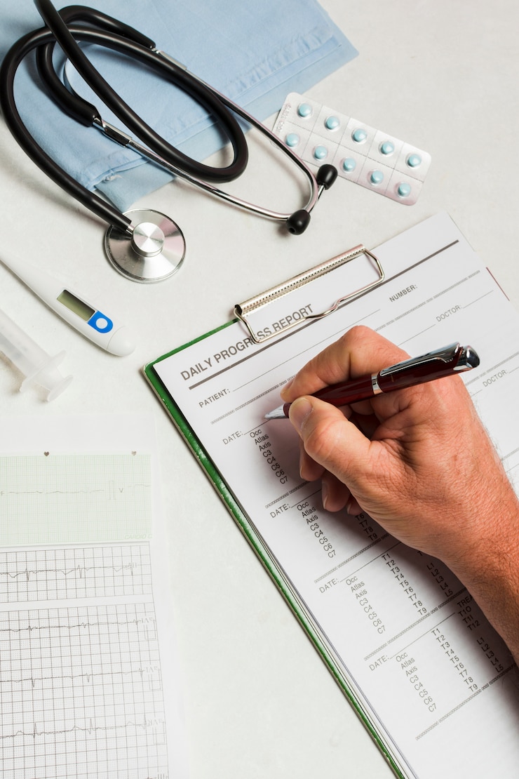 Foto gratuito informe médico con material médico