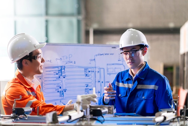 Ingeniero asiático masculino profesional que tiene una discusión junto a la máquina en la fábrica. Dos compañeros de trabajo asiáticos explican y resuelven el proceso de la placa madre de la máquina.