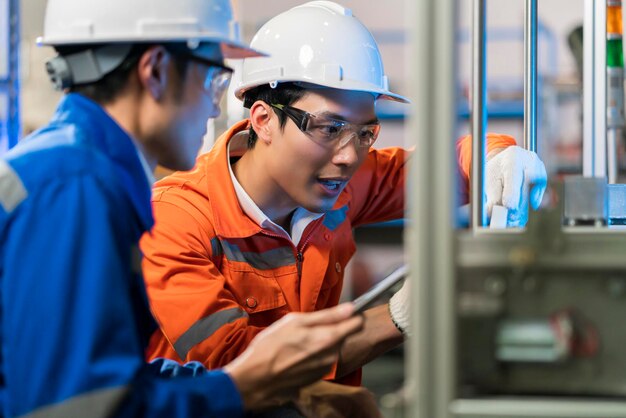 Ingeniero asiático masculino profesional que tiene una discusión junto a la máquina en la fábrica. Dos compañeros de trabajo asiáticos explican y resuelven el proceso de la placa madre de la máquina.