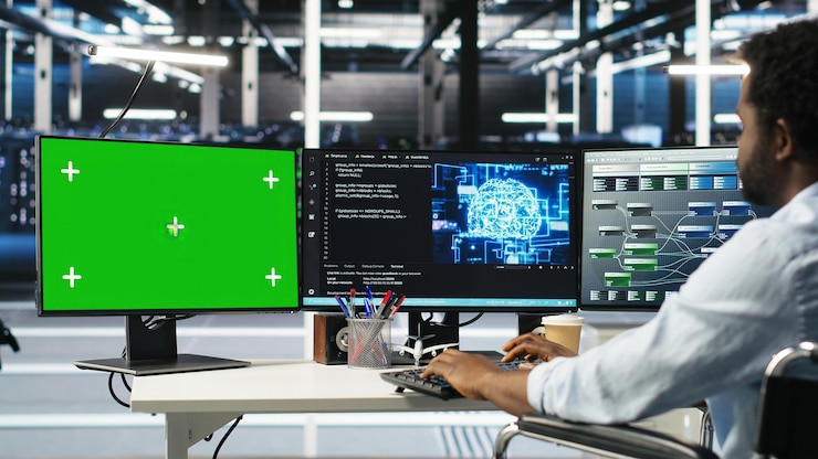 Foto gratuito ingeniero de un centro de datos con paraplegia usando algoritmos de ia en una pc de pantalla verde