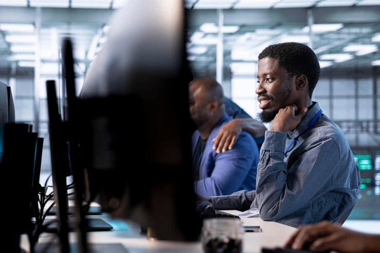 Foto gratuito ingeniero en el centro de datos que actualiza los sistemas para mantener el rendimiento
