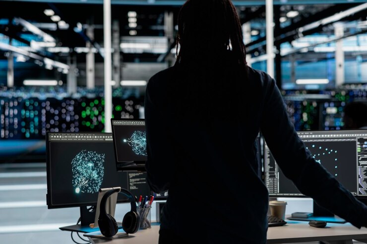Foto gratuito el ingeniero del centro de datos utiliza una herramienta de visualización de ia en la computadora portátil para supervisar las tareas