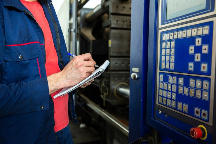 Foto gratuito el ingeniero escribe información desde el dispositivo
