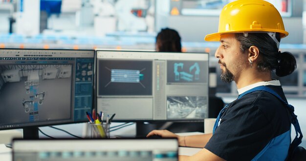Ingeniero de fábrica fotovoltaica que planifica el trabajo en el piso de la instalación con software CAD
