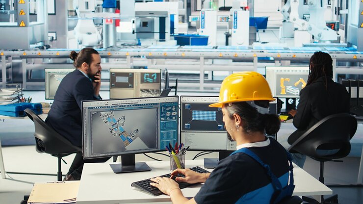 Foto gratuito ingeniero de fábrica fotovoltaica que planifica el trabajo en el piso de la instalación con software cad