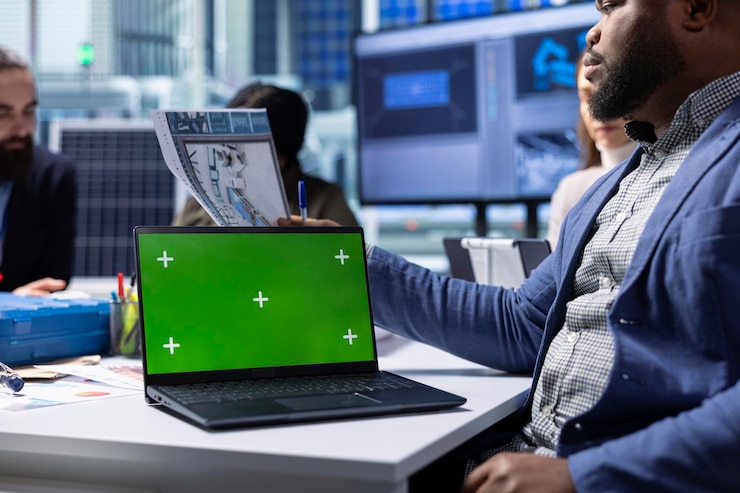 Foto gratuito ingeniero de una fábrica fotovoltaica que utiliza una computadora portátil para mejorar la eficiencia de los paneles solares