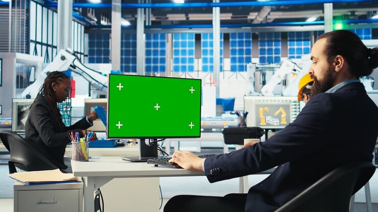Foto gratuito ingeniero de una fábrica fotovoltaica que utiliza una maqueta de pc para mejorar la eficiencia de los paneles solares