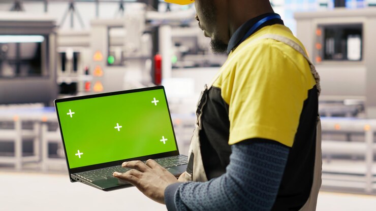 Foto gratuito el ingeniero de la fábrica de paneles solares analiza los datos de rendimiento con una computadora portátil de pantalla verde