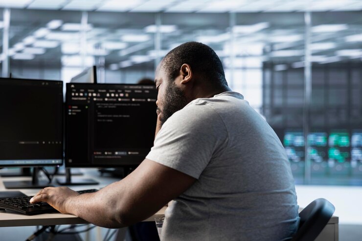 Foto gratuito ingeniero fatigado que se queda dormido mientras escribe en la computadora en el centro del servidor