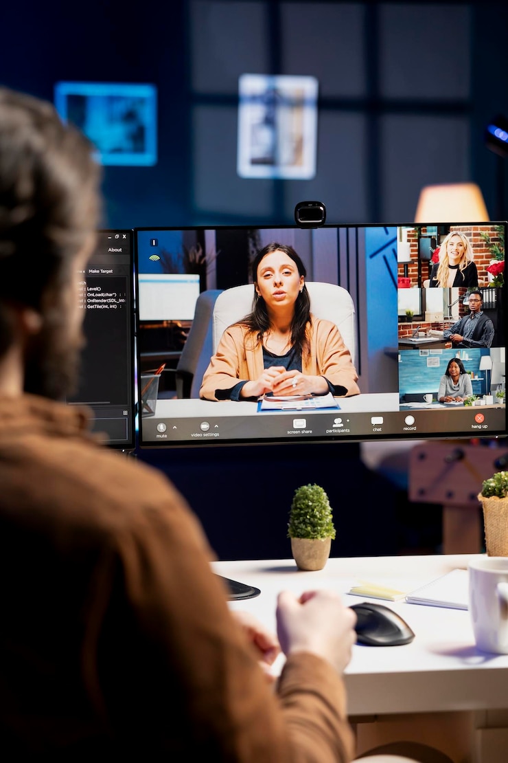 Foto gratuito ingeniero hablando con la dirección en videoconferencia sobre errores encontrados en el código