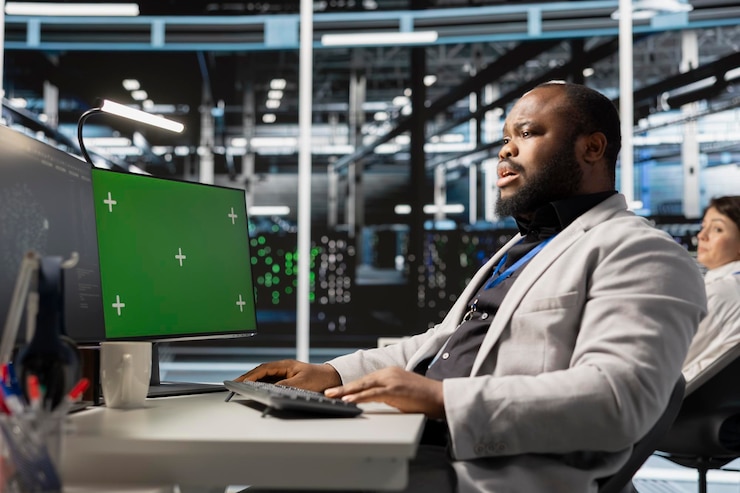 Foto gratuito ingeniero de hub de servidor mirando la visualización de datos en una pc de pantalla verde