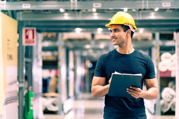 Ingeniero indio inteligente con casco de seguridad haciendo verificación de existencias y gestión de productos de existencias de cartón en el fondo del almacén de la fábrica