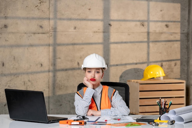 Ingeniero inteligente joven linda chica rubia trabajador civil en casco y chaleco pensando