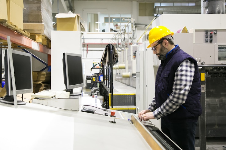 Foto gratuito ingeniero masculino enfocado en gafas que opera la máquina