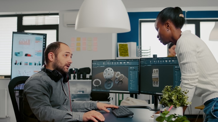 Foto gratuito ingeniero mecánico que trabaja en el diseño de computadoras en el modelo d de software cad de motor mientras co ...
