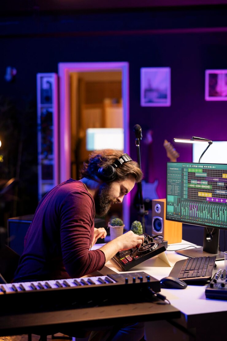 Foto gratuito ingeniero de música usando la consola de mezcla para agregar efectos de sonido a las pistas