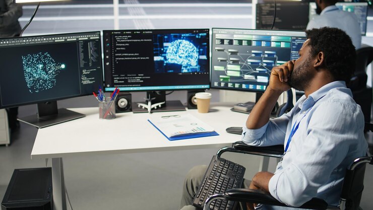 Foto gratuito ingeniero con paraplegia en el centro de datos molesto por el lento software de árbol de nodos de ia