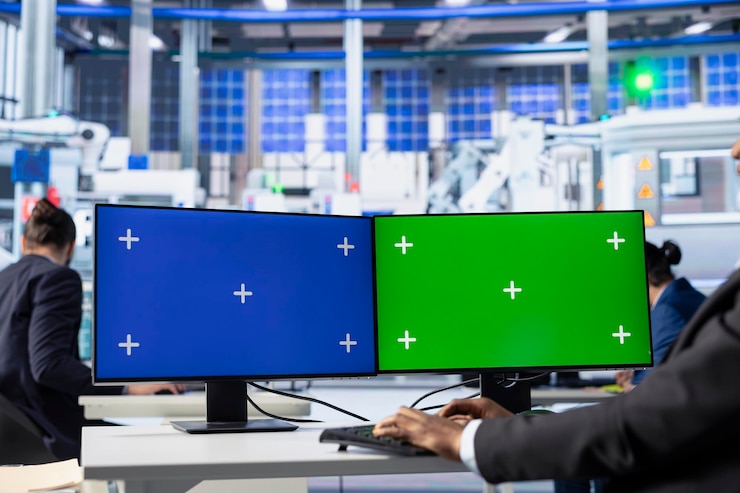 Foto gratuito el ingeniero de la planta de paneles solares supervisa el consumo de energía utilizando una pc con pantalla aislada