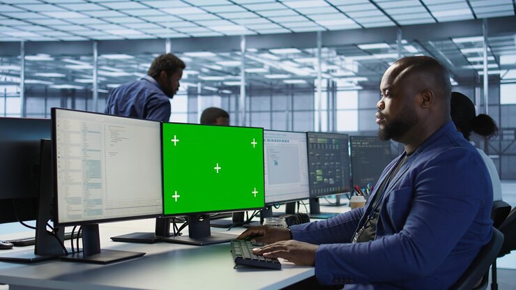 Foto gratuito ingeniero que utiliza una computadora de pantalla verde trabajando en una granja de servidores