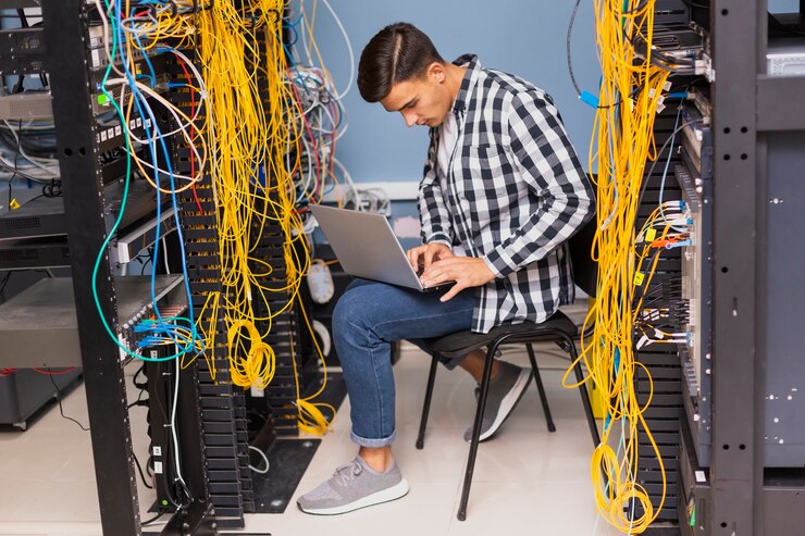 Foto gratuito ingeniero de redes con una computadora portátil
