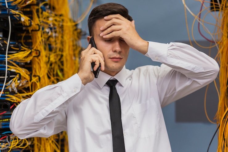 Foto gratuito ingeniero de redes hablando por teléfono plano medio