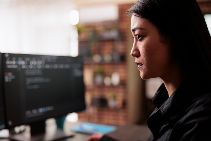 Foto gratuito ingeniero de sistemas escribiendo código html y javascript en la ventana de terminal, trabajando con la computadora mostrando el algoritmo de codificación. programador de bases de datos asiático programando big data en la oficina de la compañía.
